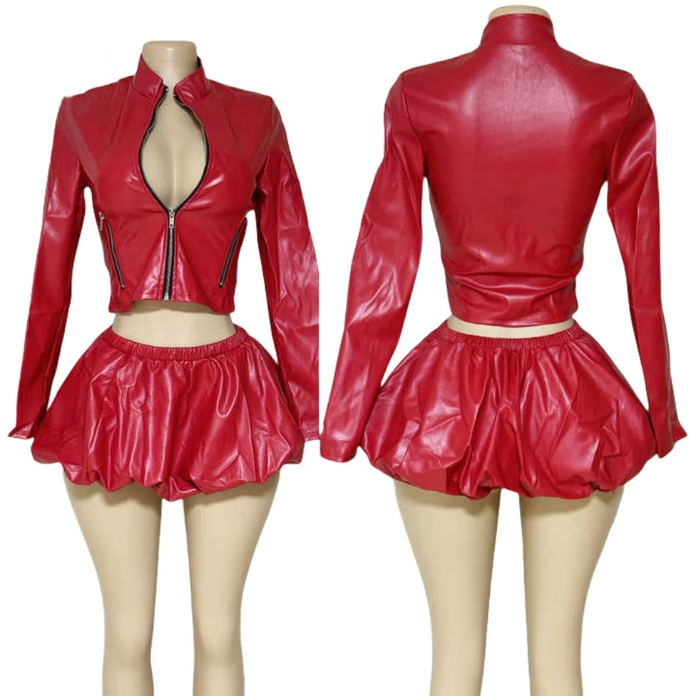 HLJ&GG Red Fashion Leather Puffy Mini Skirts Two Piece Sets Women Zip Long Sleeve Jacket And Skirts Outfit Y2K Female Streetwear