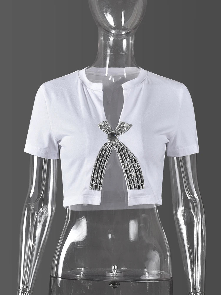 Weird Puss Open Split Women Tees Rhinestone Decoration Low Neck Slim Mini Wild Tops Sexy Hot Girls Nightout High Street Clubwear