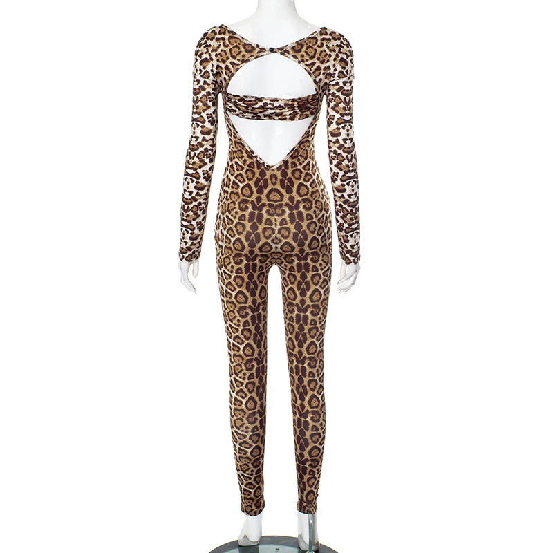 Weird Puss Leopard Print Jumpsuit Women Wild Hollow Low-Neck Sexy Skinny Full Sleeve Peach Hip Midnight Party Overalls Clubwear