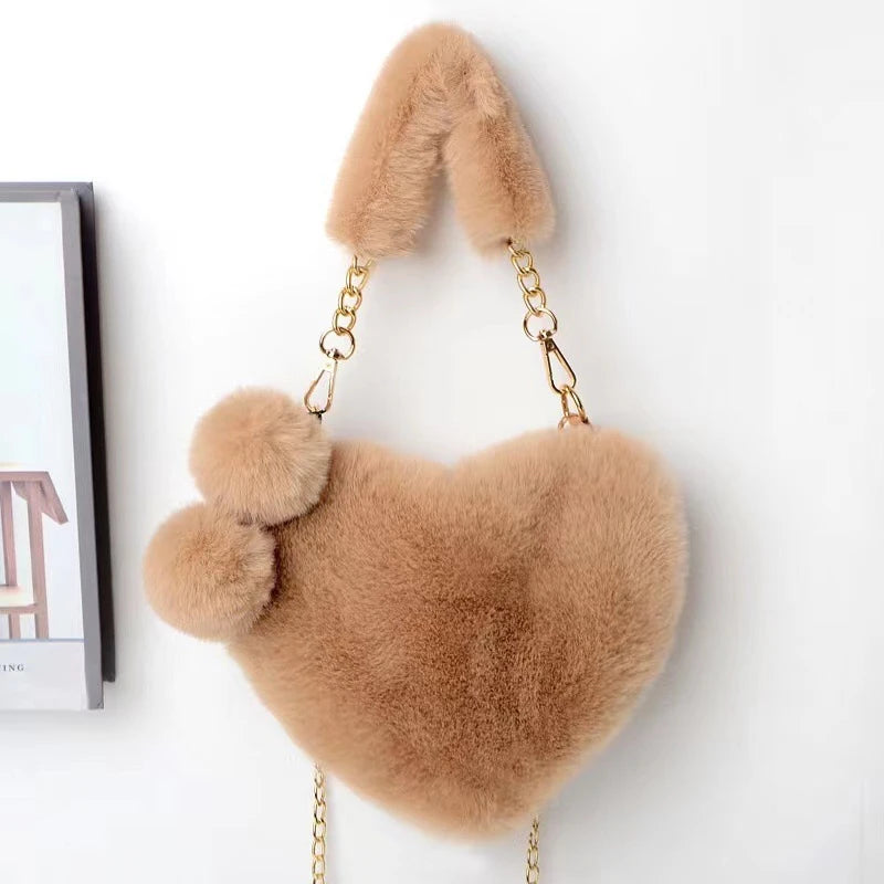 Luxury Faux Fur Heart-shaped Women Small Handbags Fluffy Plush Ladies Chain Shoulder Bag Fashion Female Furry Daily Clutch Purse