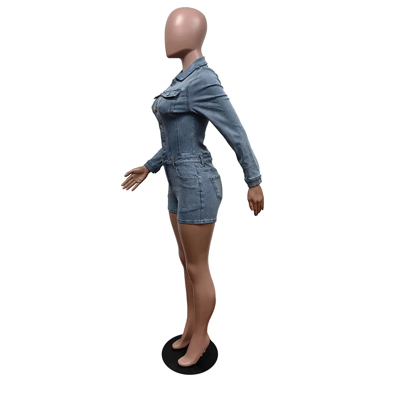 HLJ&GG Blue Fashion Pocket jeans Bodycon Rompers Women V Neck Long Sleeve Slim Cowboy One Piece Jumpsuits Sexy Female Overalls
