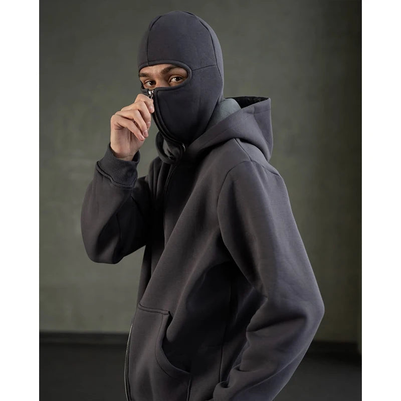 Men's Double Hat Mask Zipper Design Winter Windproof Hoodie Sports Jacket Outdoor Activities Hiking Travel Running Sweatshirt 
