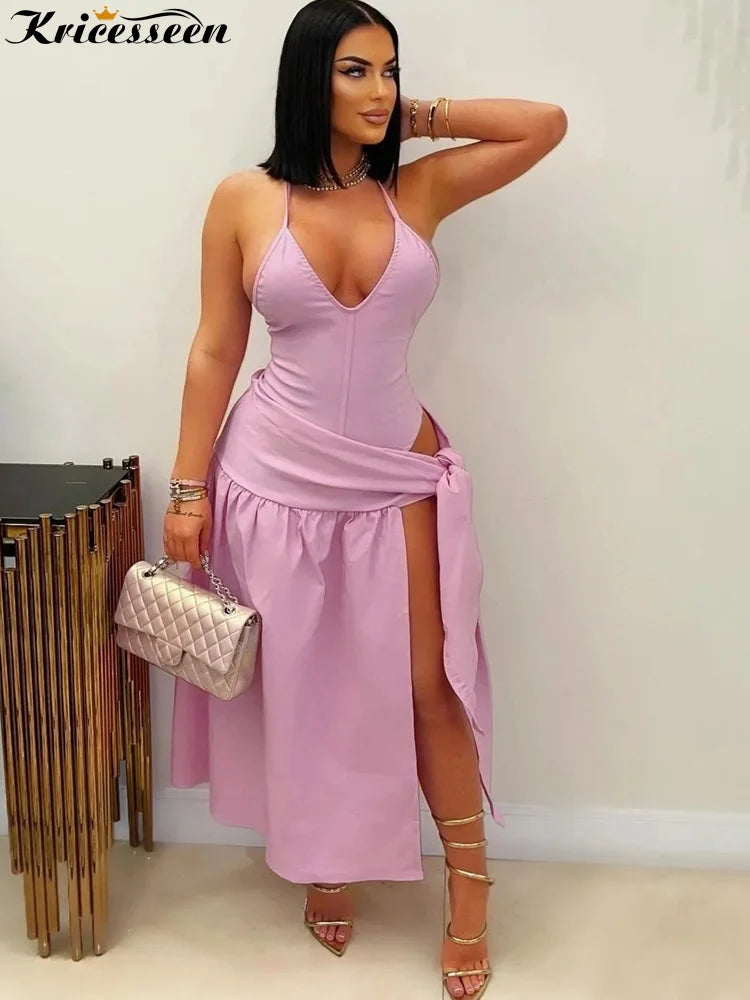 Kricesseen New Chic Solid Bodysuits Top And Tie Waist Ruched Skirt Set For Women Swimsuits Set Night Clubwear Vacation Outfits