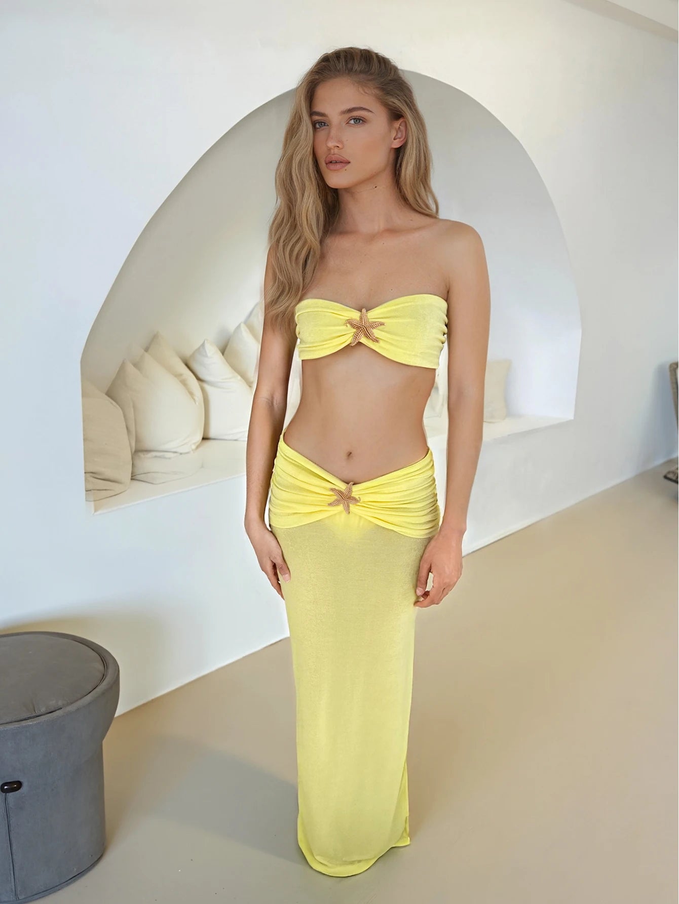 2025 Elegant Butter Yellow Bandeau 3 Piece Bikini Sets Women Sexy Swimsuit Halter with Skirt Beach Party Vacation Dress Outfis