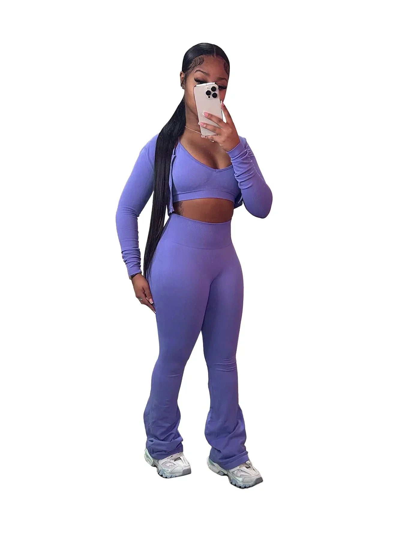 HLJ&GG Casual Solid Bodycon 3 Piece Sets Outfit Women Slim Crop Tops + High Waist Flare Pants Long Sleeves Coats Tracksuits 2024