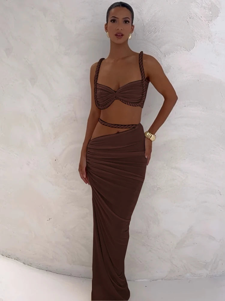 Weird Puss Square Collar 2 Piece Set Women Bra+Skinny Long Skirts Bandage Ruched 2025 Summer Vacation Beach Party Trend Suits