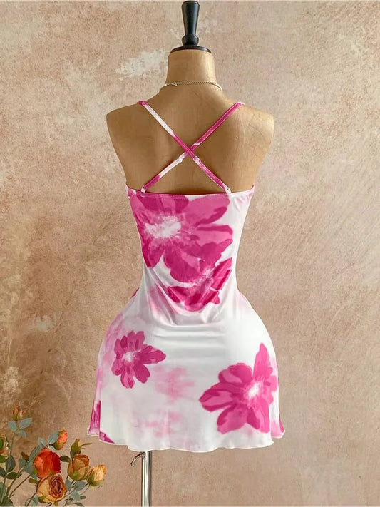 Women Thin Strap Cowl Neck Pink Floral Print Side Ruched Ruffle Hem Mini Bodycon Dress 2026 Summer Tropical Beach Y2K Going Out