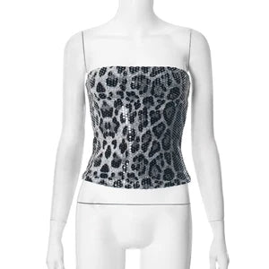 STYLISH LADY Sparkly Sequined Leopard Printed Crop Top 2025 Summer Women Strapless Zipper Slim Sexy Club Party Street Tops Tees