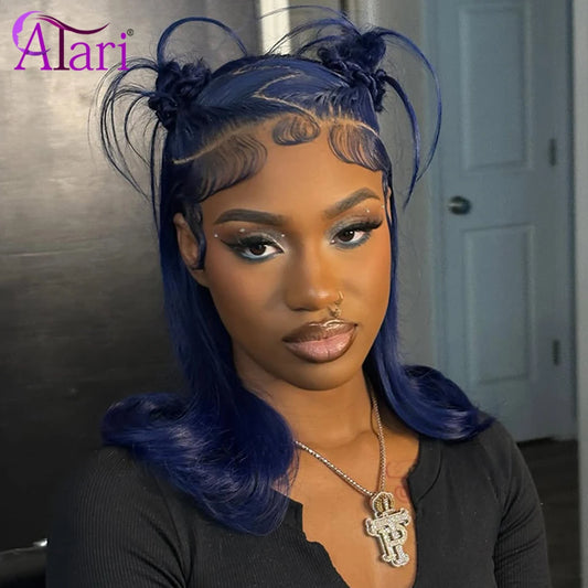 Midnight Blue Short Bob Human Hair Wigs Transparent 13x4 Full Lace Frontal Body Wave Wig Pre Plucked 180 Density Wavy Bob Wig