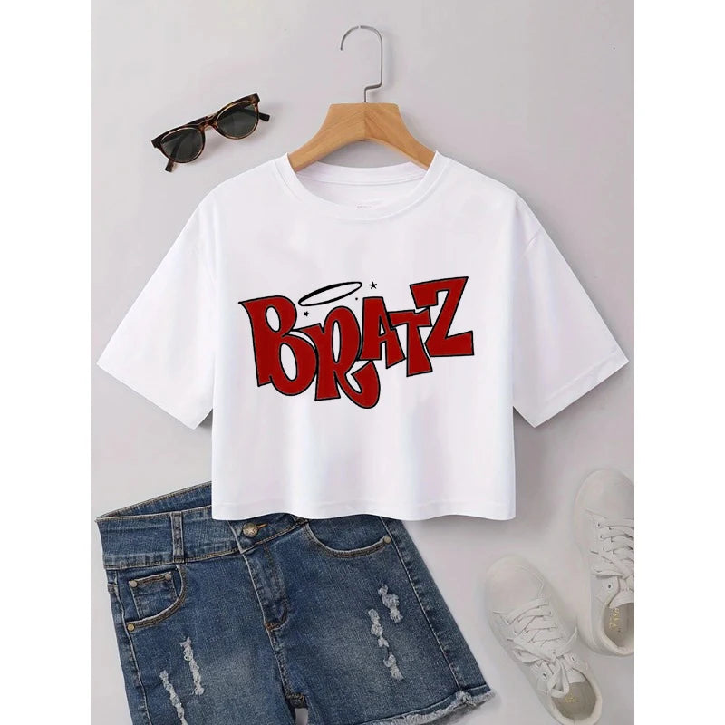 T Shirt Woman 2025 New in Cropped Cherry Print Crew Neck T-shirt Y2K Short Sleeve Fit Crop Top Spring Summer Women's Clothing
