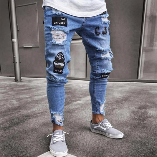 White Embroidery Skinny Ripped denim Men Cotton Stretchy Hole Slim Fit Hip Hop Denim Pants Casual Jeans for Men Jogging Trousers