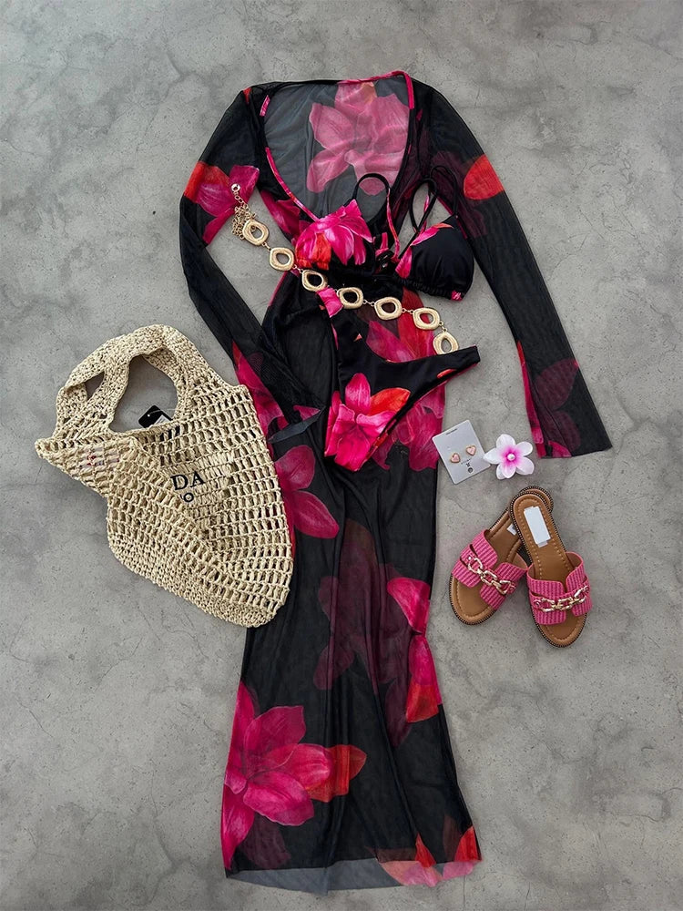 2025New Low Waist Bikini Sets And Cover Up Sexy Women Swimsuit Swimwear Three Piece Set Print Floral Brazilian Beachwear biquini