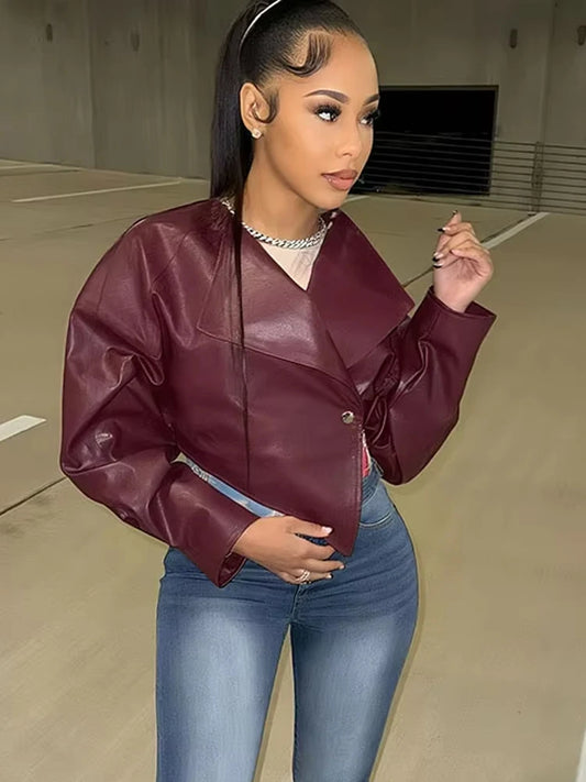 Weird Puss Single Button Crop Jacket Women Hipster Irregular Faux Leather Fall Trend Wild Basic Sexy Cross Neck Streetwear Coat
