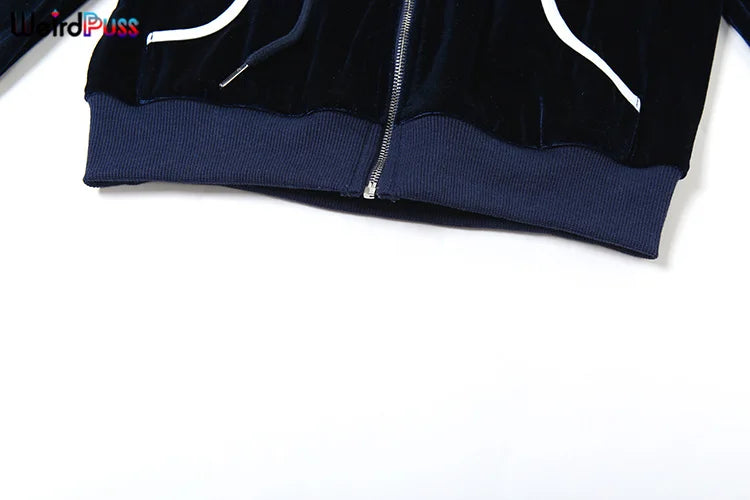 Weird Puss Casual Sporty 2 Piece Set Women Hooded Shirring Zipper Number Print Jacket+Contrast Patchwork Mini Shorts Simple Suit