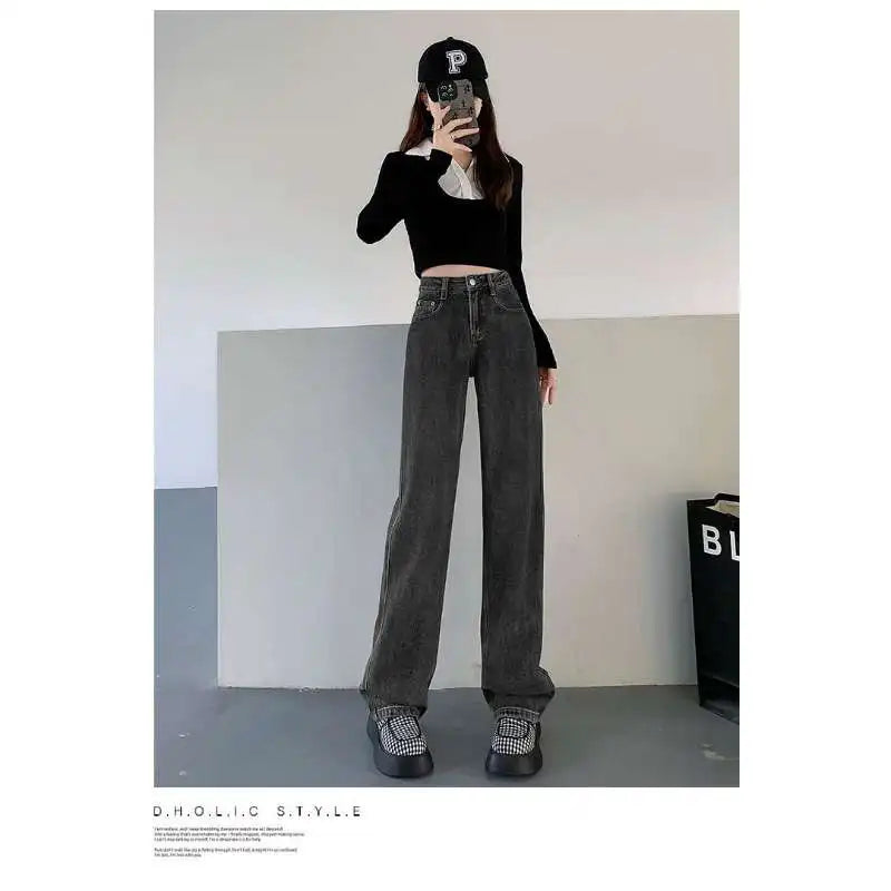 Ladies Vintage Wide Leg Jeans Girls High Waist Pants Female Fashion Black Black Grey Retro Blue Light Blue Pink Trousers