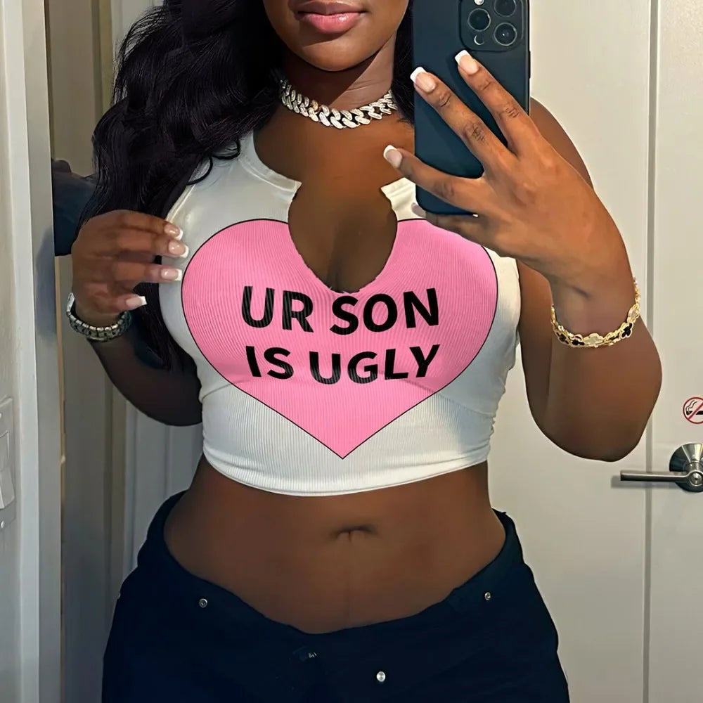 HLJ&GG 2024 INS Fashion Y2k T Shirts Letter Print Crop Tops Girls Streetwear Short Sleeve Slim-fit V-neck Tees T Shirt White New