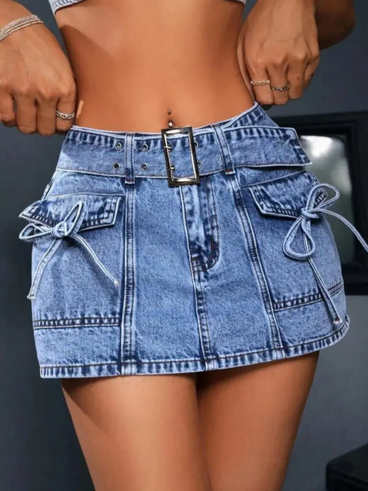 Women's Blue jeans shorts Y2K Inspired Belted Design Bow Adorned Pockets Trendy Streetwear for Fashion Forward Women
