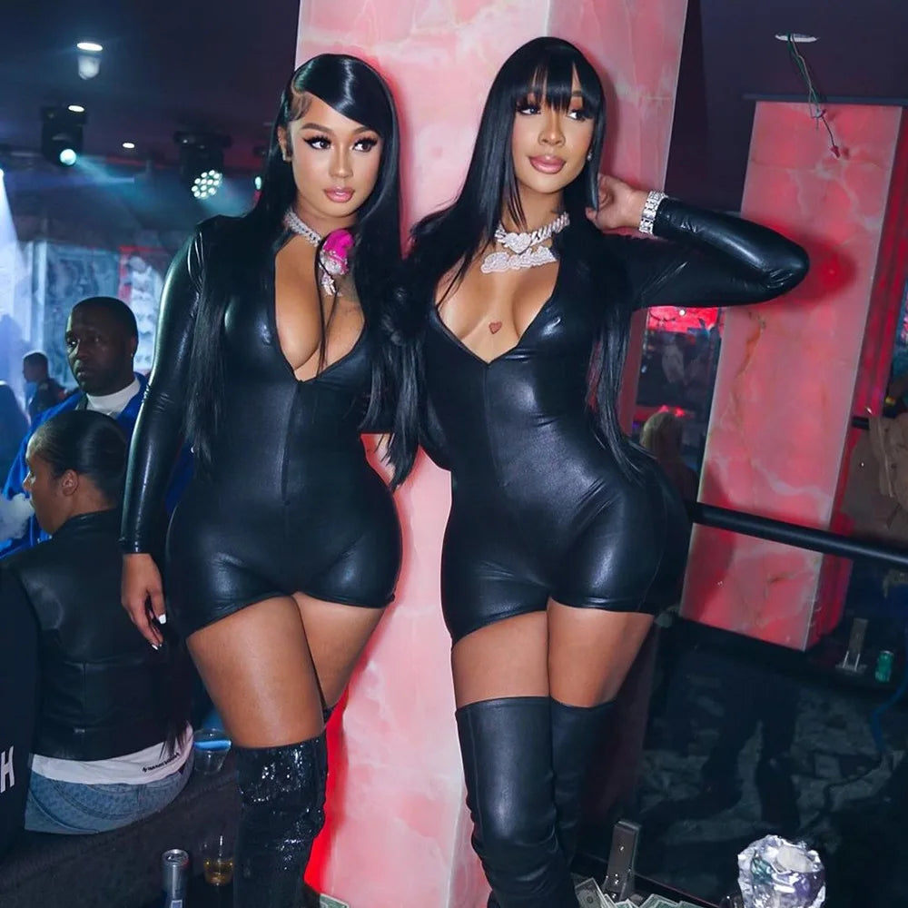 HLJ&GG Black Sexy Leather Zipper Bodycon One Piece Rompers Women Long Sleeve Slim Bodysuits Fashion Nightclub Party Playsuits
