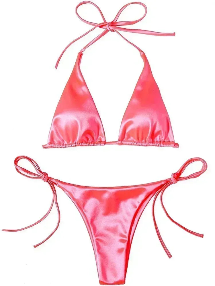 Halter Brazilian Metallic Satin Bikini Swimwear, Swimsuit Two-pieces Bikini Set High Cut Bathing Suit Swim Beachwear
