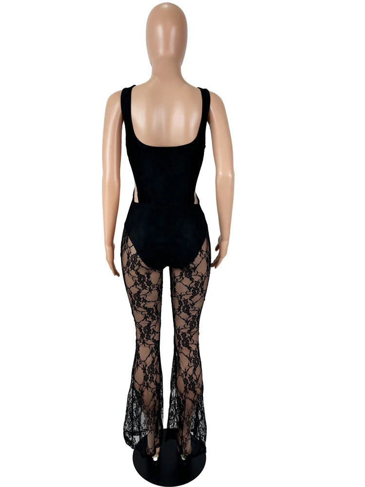 Kricesseen Women's Cut-Out See-Through Sheer Lace Jumpsuits Sexy Hollow Out Fitted Wide Legs Jumpsuits Night Out Romper Clubwear