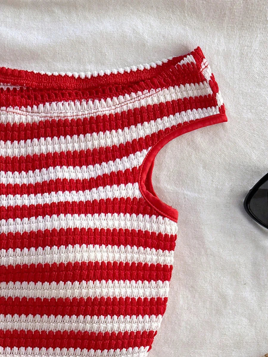 HLJ&GG Red Stripe Knitting Y2K Fashion Streetwear Women O Neck Sleeveless Slim Crop Top And Shorts Two Piece Sets Outfits 2025