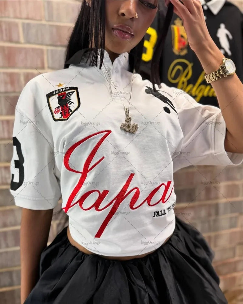 High Street Trendy Brand Harajuku Streetwear Polo Shirt Men Hip Hop Gothic Punk Retro Lapel T-shirt Casual Y2K Graphic Top Women