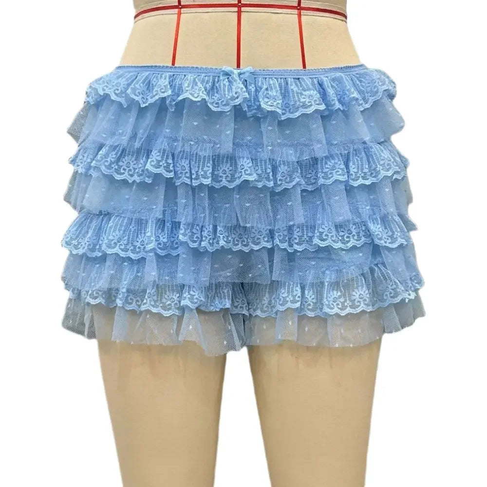 HLJ&GG Sweet Lace Sheer Ruched Two Piece Sets Women Round Neck Sleeveless Top And Skirts Shorts Outfits Fashion 2pcs Streetwear