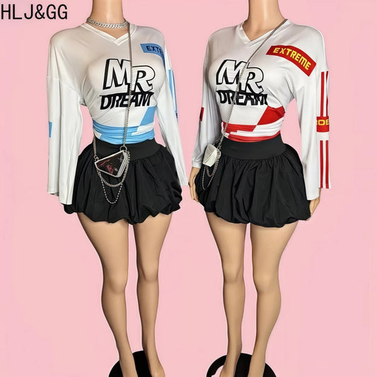 HLJ&GG Y2K Letter Print Mesh Two Piece Sets For Women V Neck Long Sleeve Top + Puffy Mini Skirts Outfits Fashion 2pcs Streetwear