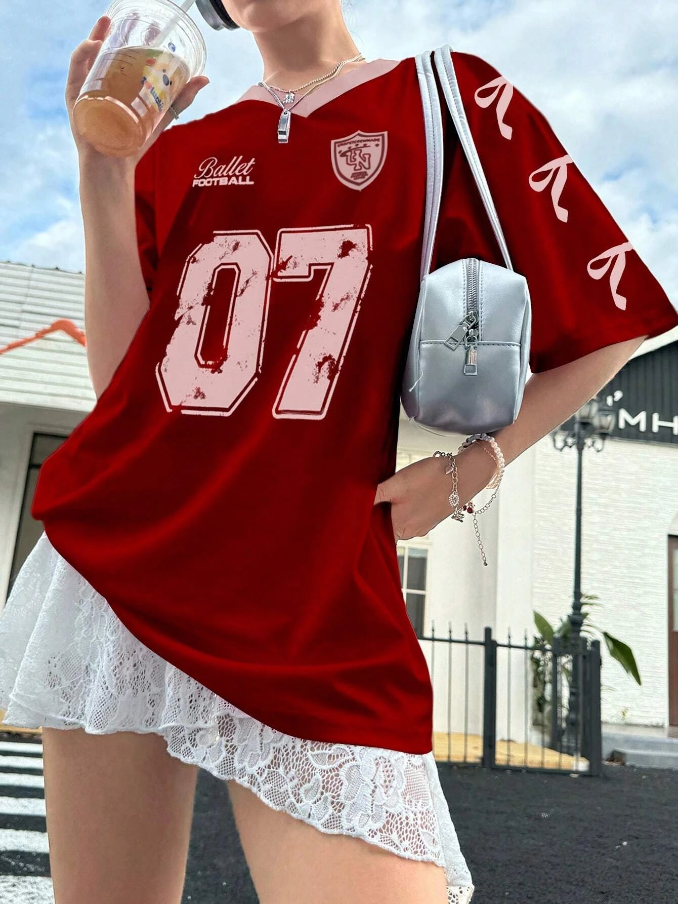 Oversized T-shirt For Women V-Neck Short Sleeve 2025 Summer Pink Patchwork Print Streetwear Tops Casual Football Jersey Y2k Tees