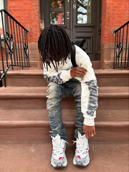 2025 Hip-hop Punk Harajuku Streetwear Fake Two-piece Round Neck Graphic Top Men Gothic Retro Casual Trendy Long-sleeved T-shirt