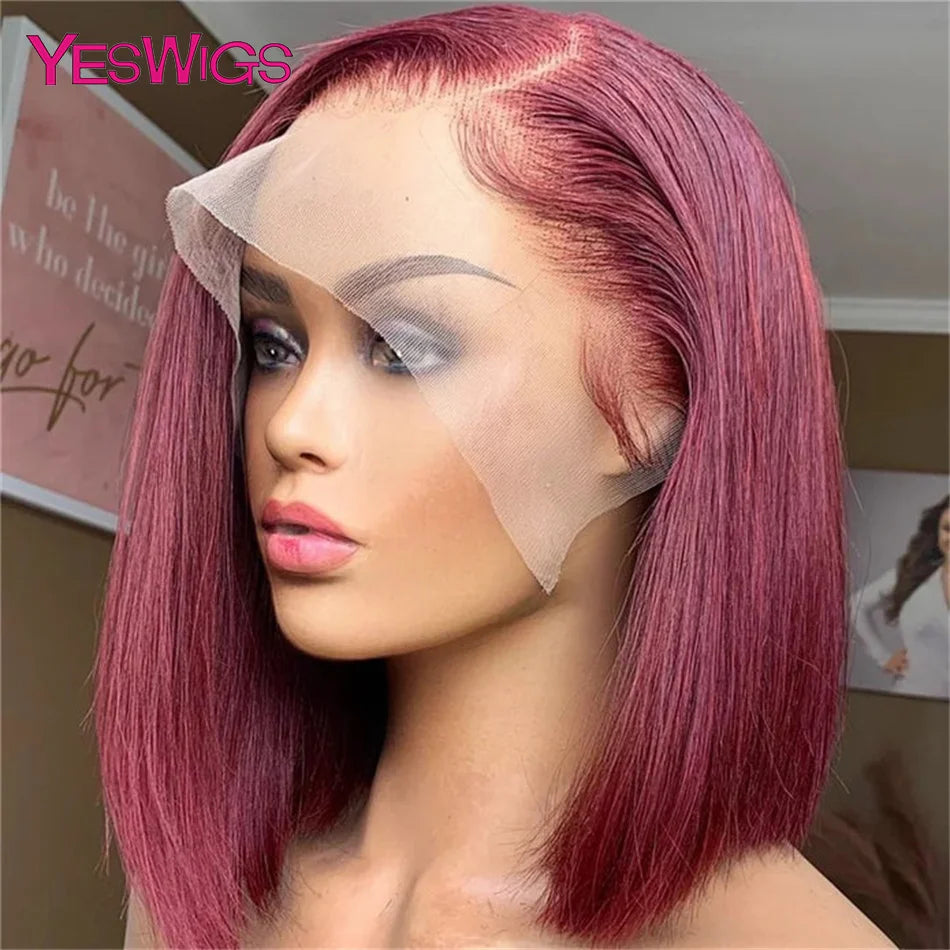 Short Bob Wig Hot Red Burgundy 99j Colored Brown Lace Front Human Hair Wigs Bone Straight Bob Wig Lace Frontal Wigs For Women