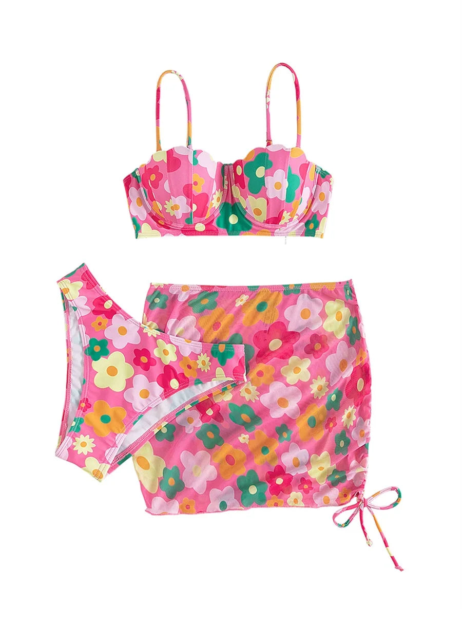 Women 3pcs Swimsuit Set Floral Sleeveless Push Up Bra and Elastic Briefs Cover Up Skirt Beachwear Bathing Suit
