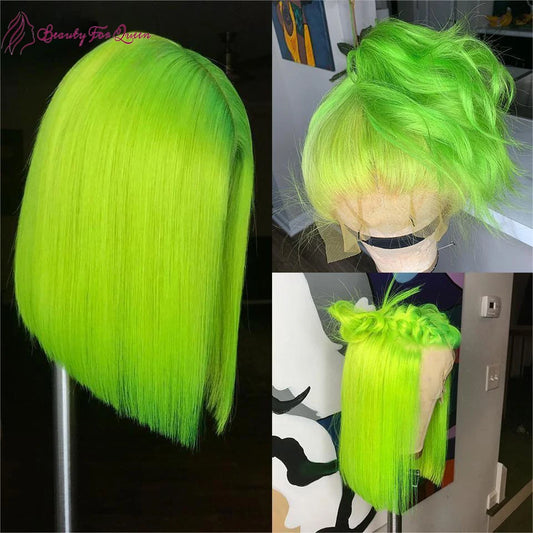 13x4 HD Lace Front Wig Human Hair Fluorescent Green Human Hair Lace Frontal Wig For Women Pre Plucked Short Bob Lace Wigs