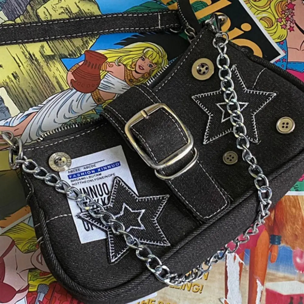 Y2K Canvas Chain Shoulder Bag jeans Stars Pattern Underarm Bag Women's Handbag for Woman Girls