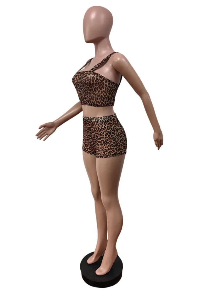 Weird Puss Leopard Print 2 Piece Set Women Square Collar Backless Tank Tops+Peach Hip Shorts Mesh See Through Sexy Trend Outfits