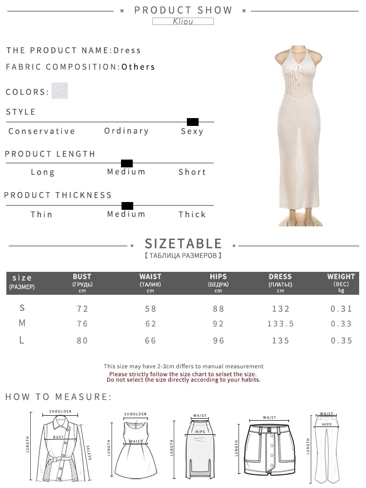 kliou Crochet Halter Dress Women See Through Bandage Sleeveless Backless Sheath Low Neck Vestidos Concise Solid Girls Streetwear