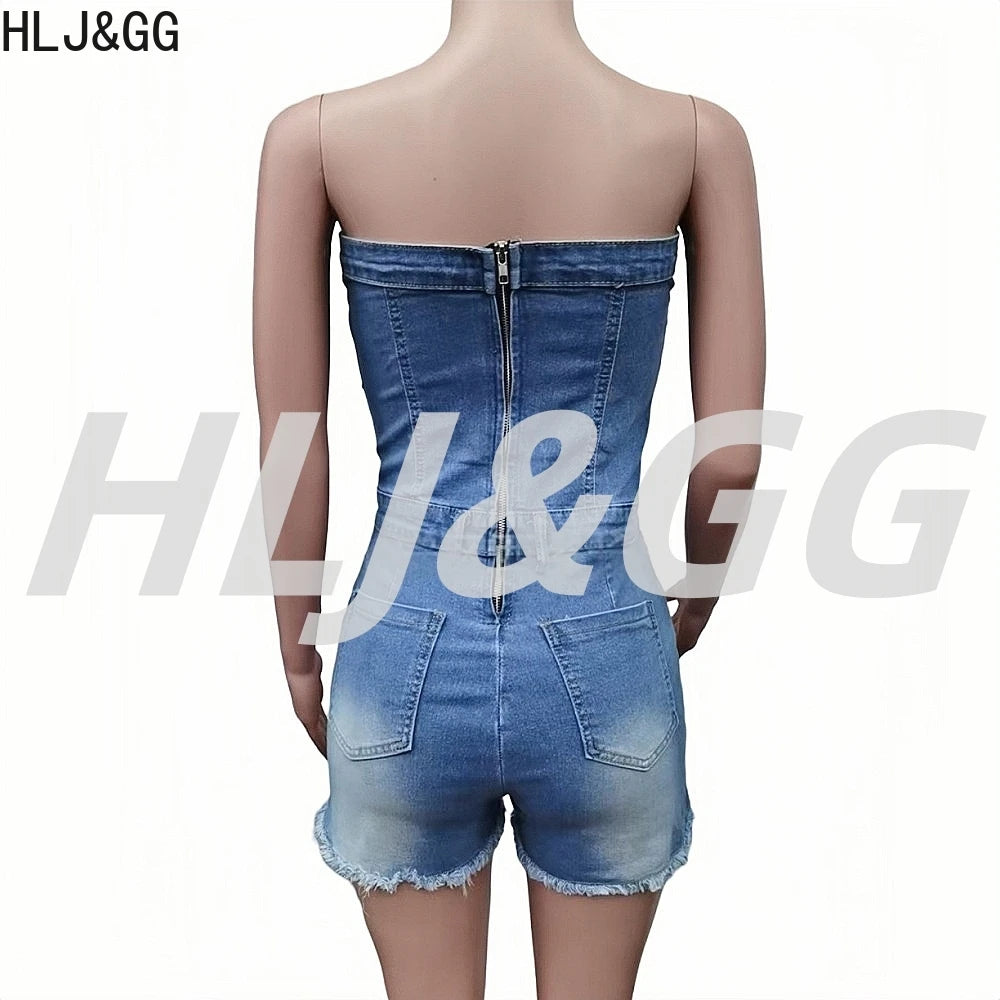 HLJ&GG Blue Fashion jeans Cross Design Bodycon One Piece Rompers Women Off Shoulder Sleeveless Backless Slim Cowboy Jumpsuits