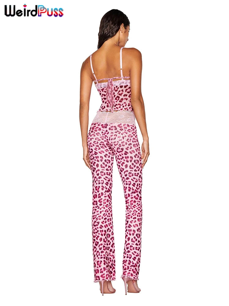 Weird Puss Mesh Patchwork 2 Piece Set Women Sexy Cleavage Sleeveless Crop Tops+Leopard Print Skinny Pants Street Wild Trend Suit