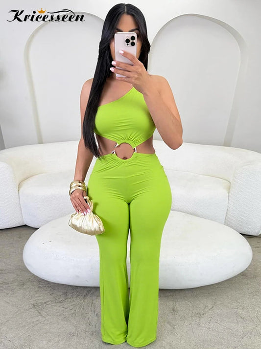 Kricesseen Women's Cut-Out Snake Tirm Metal Jumpsuist One Piece Outfits Summer Backless Lace-Up Bandage Rompers Sexy Clubwear