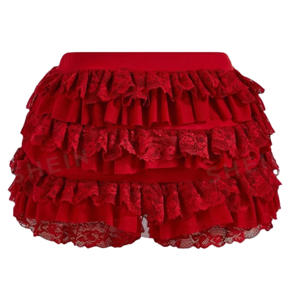 HLJ&GG Red Fashion Letter Backless Tshirts Two Piece Sets Women O Neck Short Sleeve Slim Crop Top And Lace Skirts Shorts Outfits