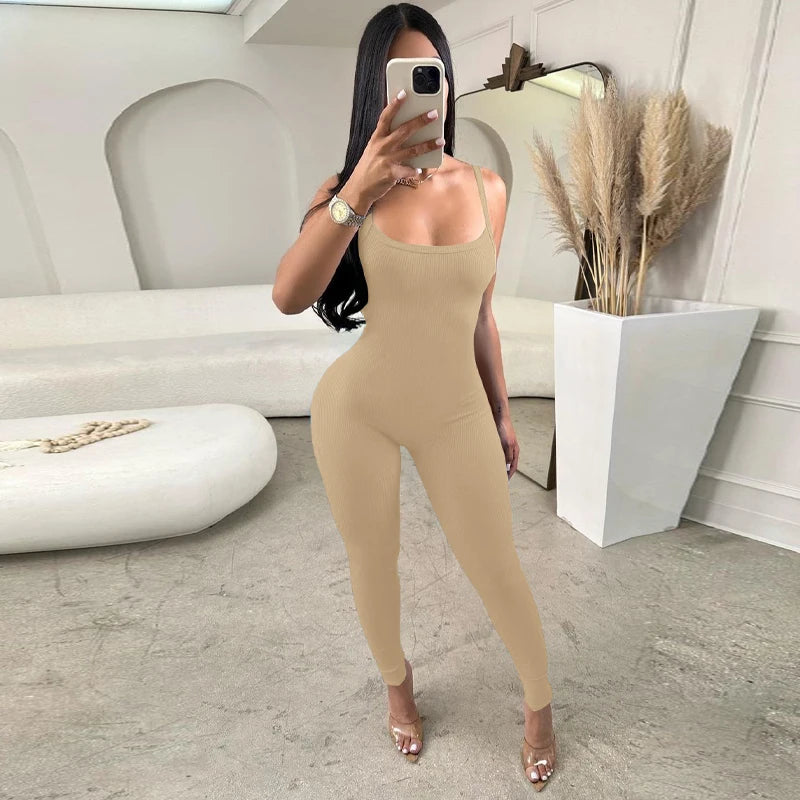 Hugcitar 2024 Fashion Ribbed Solid Slips Backless Sexy Skinny One Piece Jumpsuit Women Y2K Romper Vacation Sport Overalls