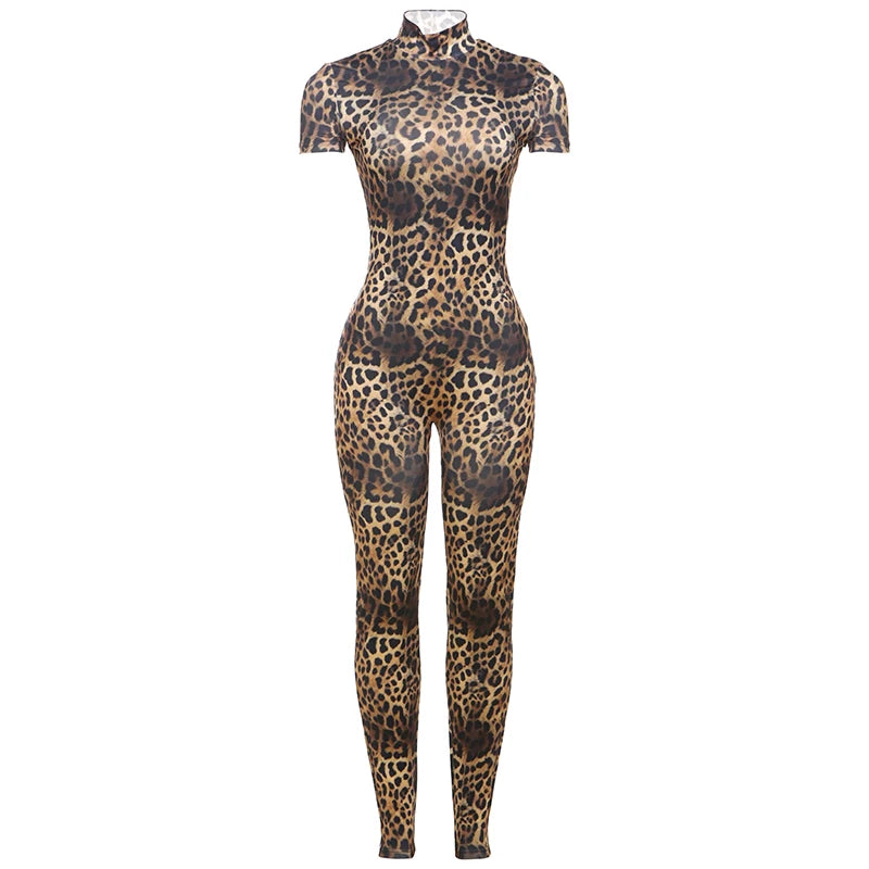 Weird Puss Peach Buttocks Jumpsuit Women Backless Leopard Print Shorts Sleeve Fitness Summer Trend Streetwear Workout Overalls