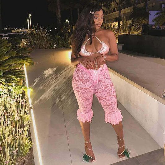 STYLISH LADY Lace Knee Length Pants 2025 Summer Women Midi Waist Hollow Out Sexy Club Party Street See Through Leggings Pants