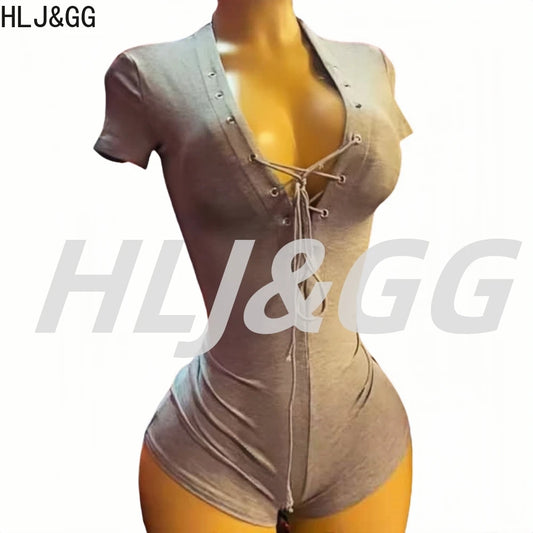 HLJ&GG Sexy Hollow Out Bandage Bodycon One Piece Rompers Women V Neck Short Sleeve Slim Jumpsuits Fashion Overalls Streetwear