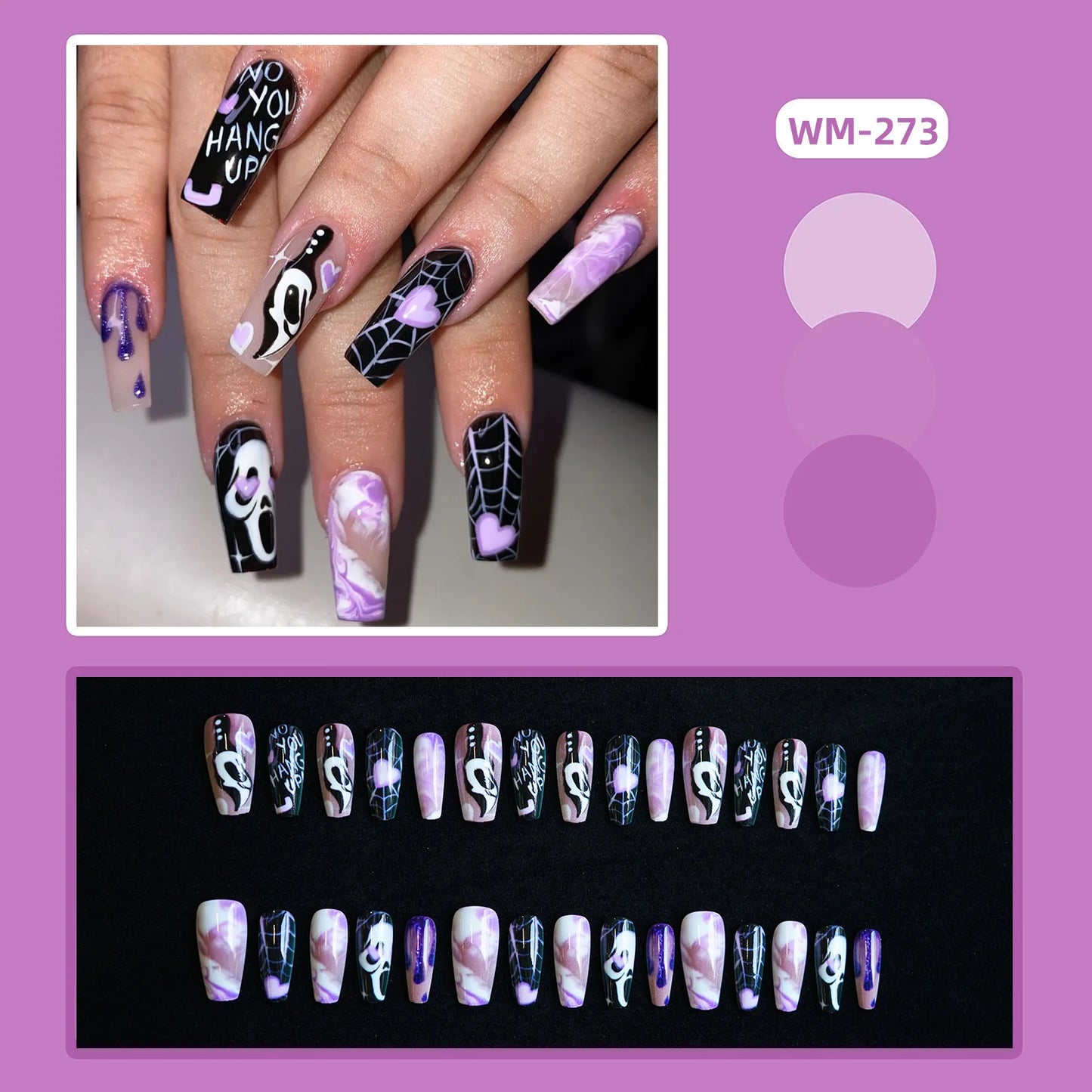 24pcs Halloween False Nails Ghost Witch Pumpkin Print Fake Nails Tips Wearable Detachable European Long Ballet Press on Nails