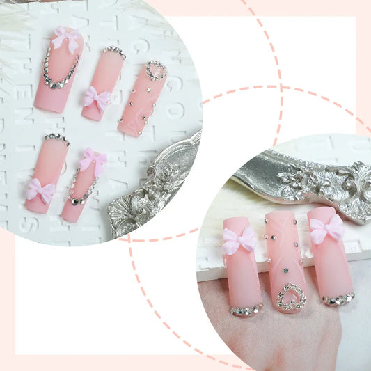24pcs Long French Fake Nail with Pink Bow Design Sweet Ballet False Nail Tips for Lady Women Wearable European Press on Nails