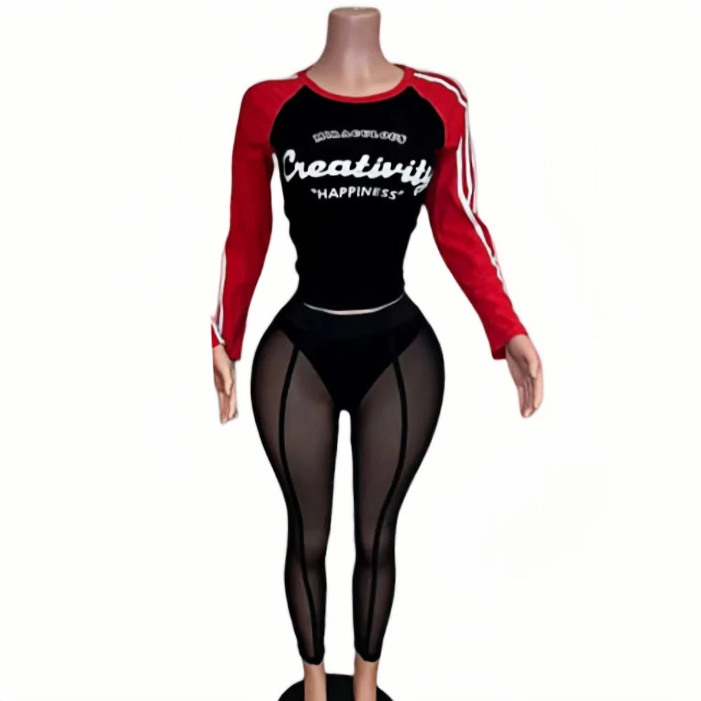 HLJ&GG Retro American Letter Printing Two Piece Sets Women Round Neck Long Sleeve Top And Mesh See Though Pants Outfits 2025 New