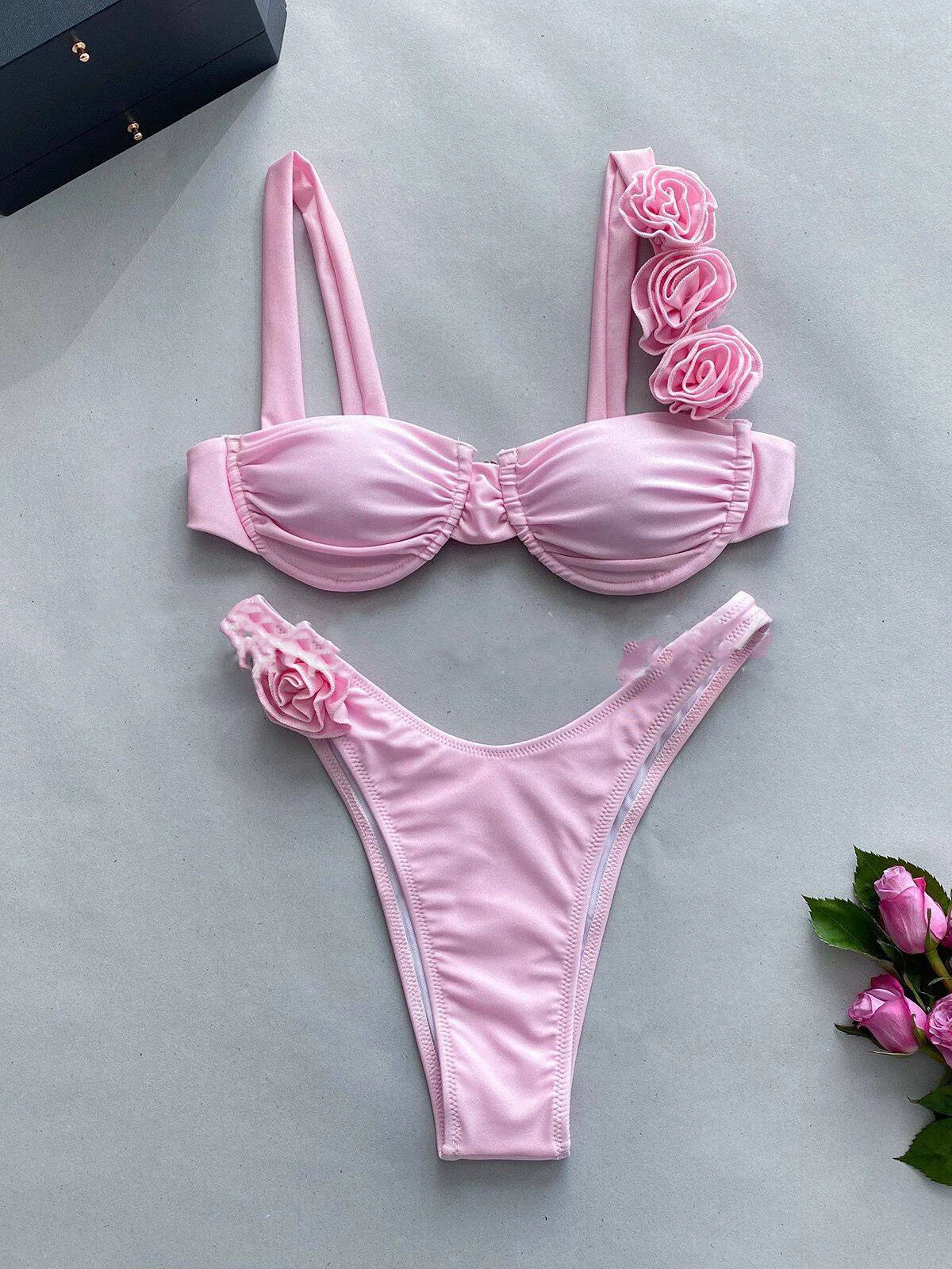 Sexy Solid Backless Floral Bikini Set Women Split Swimsuit High Waist Beach Bikini 2025 New Summer Swimwea Bikinis Set