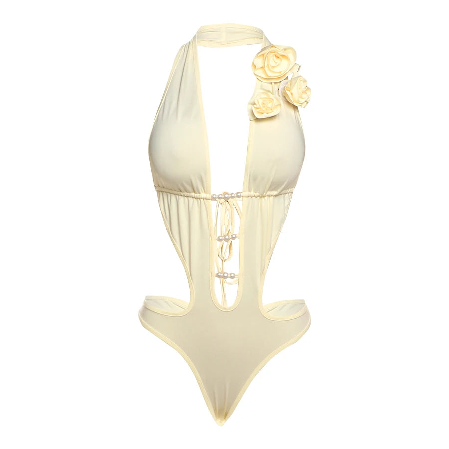 Weird Puss Beach Vacation Bodysuit Women Pearl 3d Flowers Sexy Backless Sleeveless Stretch Midnight Party Hollow Wild Y2K Tops