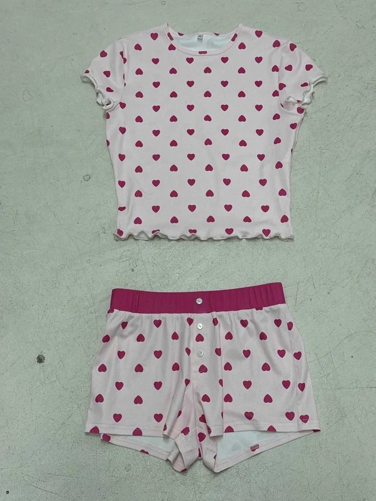 STYLISH LADY Heart Printed 2 Piece Set Women Short Sleeve Crop Top and Shorts Suits 2025 Summer Valentine's Day Home Sleepwear